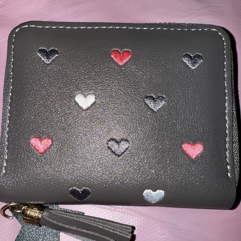 NWT Ladies Gray Faux Leather Zip Around Card Wallet With Tassel And Embroidery